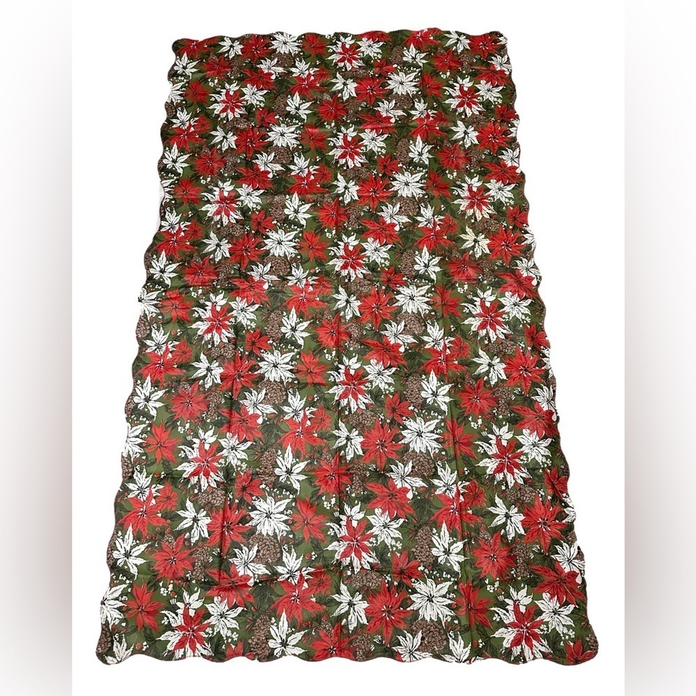 Vintage MCM Poinsettia Vinyl Tablecloth Christmas 52x84 EZ Clean Cottage Grandma